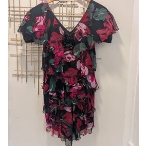 VTG Y2K Black Floral Cocktail Dress‎ Ruffle Tiered Chiffon V Neck Women's Sz 8